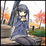  bench coffee-kizoku food jacket k-on! nakano_azusa pantyhose school_uniform sitting sketch skirt solo tree twintails 