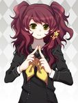  bad_id bad_pixiv_id brown_hair flower ironmaskbear kujikawa_rise long_hair persona persona_4 school_uniform smile solo steepled_fingers twintails yellow_eyes 