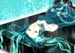  arm_above_head bad_id bad_pixiv_id bare_shoulders bow choker corset dress elbow_gloves gloves green_eyes green_hair hatsune_miku headphones instrument long_hair lying microphone on_back pantyhose piano solo upside-down vocaloid yukimura32001 