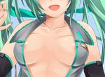 aqua_hair aqua_nails areolae bad_id bad_pixiv_id breasts center_opening close-up hatsune_miku head_out_of_frame iroha_(unyun) long_hair medium_breasts nail_polish open_clothes open_shirt pink_nails shirt smile solo twintails vocaloid 