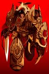  all_seeing_eye armor bird black_eyes brown_hair chain claws cross cross_(guncross) eagle emperor_of_mankind halo laurel_crown laurels lightning_bolt long_hair male_focus manly mecha ornate power_armor red_background red_eyes simple_background skull solo sword warhammer_40k weapon wings 