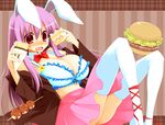  animal_ears ankle_lace-up blush bra breasts bunny_ears cake cleavage crepe cross-laced_footwear food hamburger kurikara large_breasts lingerie long_hair open_clothes purple_hair red_eyes reisen_udongein_inaba solo thighhighs touhou underwear white_legwear 