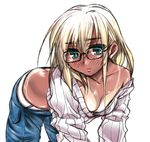  all_fours bikini_tan blonde_hair blush breasts butt_crack cleavage dark_skin denim glasses green_eyes jeans long_hair looking_at_viewer medium_breasts off_shoulder original pants parted_lips simple_background solo tan tanline tokita_monta white_background white_hair 