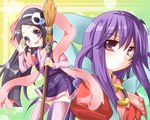  black_hair blush broom collar elbow_gloves elysia_de_lute_ima fingerless_gloves gloves hair_ornament hairclip haqua_d'rot_herminium kami_nomi_zo_shiru_sekai long_hair maruru_(pati-poti) multiple_girls ponytail purple_eyes purple_hair skull_hair_ornament smile thighhighs 