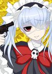  axanael bandages bow eihou_(syou1022) eyepatch grin gun gun_to_head handgun holding holding_gun holding_weapon noko_(axanael) pale_skin red_eyes revolver silver_hair skull smile solo twintails weapon 