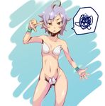  ahoge blue_hair blush_stickers bracelet flat_chest hands jewelry maebari navel original painpa short_hair skinny solo squiggle squinting uneven_eyes 