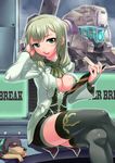  border_break breasts cleavage copyright_name crossed_legs dog fiona_(border_break) green_hair headset mecha medium_breasts ono_misao sitting solo thighhighs zettai_ryouiki 