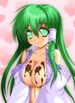  asamura_hiori bare_shoulders breasts chocolate cleavage detached_sleeves empty_eyes green_eyes green_hair hair_ornament kochiya_sanae large_breasts long_hair navel open_clothes open_shirt shirt smile snake solo touhou valentine 