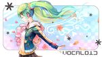  casual closed_eyes flower green_hair hair_ornament hairclip hatsune_miku jacket long_hair petals pos smile solo twintails vocaloid 