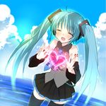  ahoge aqua_hair bad_id bad_pixiv_id closed_eyes cloud day detached_sleeves hatsune_miku heart long_hair necktie sino_(sionori) skirt sky smile solo thighhighs twintails very_long_hair vocaloid water 