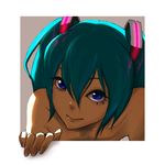  aqua_hair bare_shoulders blue_eyes face fourth_wall hatsune_miku outside_border smile solo tocky twintails vocaloid 