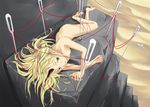  barefoot blonde_hair green_eyes horn karasu_raku long_hair needle nude original red_string solo string 