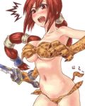 1girl animal_print armpits bad_id bad_pixiv_id bare_shoulders bikini blush breasts dark_chronicle elbow_gloves gloves large_breasts leopard_print long_hair lowres maru0911 monica_(dark_chronicle) multi-tied_hair open_mouth ponytail red_eyes red_hair solo surprised swimsuit sword wardrobe_malfunction weapon 