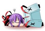  =_= blush car chibi closed_eyes fallen_down ground_vehicle hat hat_removed headwear_removed ichimi motor_vehicle nagae_iku purple_hair short_hair solo squiggle touhou wavy_mouth x_x 