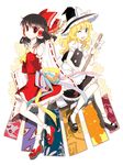  ascot bad_id bad_pixiv_id black_hair blonde_hair bow detached_sleeves hair_bow hakurei_reimu hat kirisame_marisa multiple_girls one_eye_closed pop_(lovelikepop) red_eyes short_hair touhou 