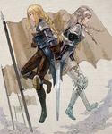  agrias_oaks armor boots braid crossover final_fantasy final_fantasy_tactics flag gloves iwauchi_tomoki md5_mismatch multiple_girls ravness_loxaerion single_braid sword tactics_ogre thigh_boots thighhighs trait_connection twin_braids weapon 