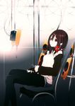  akanagi_youto alternate_costume brown_hair contemporary expressionless headphones looking_up no_hat no_headwear off_shoulder pantyhose pointy_ears red_eyes shameimaru_aya short_hair sitting solo touhou 