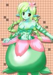  blush breasts cleavage flower green_hair green_skin monster_girl plant_girl pointy_ears smile 