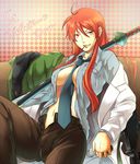  between_breasts breasts denim grin jeans long_hair milcho mouth_hold navel necktie open_clothes open_shirt original pants red_hair shirt smile solo sword unzipped weapon 