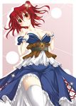  bare_shoulders blush breasts cleavage dress frilled_dress frills fuyuno_taka highres large_breasts onozuka_komachi red_eyes red_hair short_hair solo thighhighs touhou two_side_up undressing 
