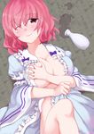  alcohol breasts curry_man drunk japanese_clothes large_breasts lying one_eye_closed open_clothes pink_hair red_eyes saigyouji_yuyuko sake short_hair smile solo touhou 