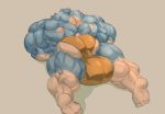  back_muscles balls barefoot biceps big_balls blue_fur bluekumabox bulge butt clothed clothing fur huge_balls hyper hyper_balls hyper_muscles lying male mammal muscular muscular_male quads rear_view simple_background solo tan_fur topless underwear ursid 