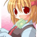  bad_id bad_pixiv_id blonde_hair close-up condom condom_in_mouth hair_ribbon minazuki_aqua mouth_hold red_eyes ribbon rumia short_hair solo touhou 