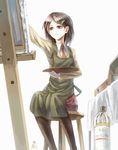  apron bad_id bad_pixiv_id banned_artist bottle canvas_(object) easel hair_ornament hairclip necktie original outstretched_arm painting palette pantyhose paseri sitting solo stool white_background 