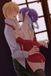  1girl blonde_hair blue_eyes blue_hair blush breast_press breasts celestial_s couple flynn_scifo hetero highres judith large_breasts naked_shirt open_mouth pointy_ears purple_hair shirt sideboob smile tales_of_(series) tales_of_vesperia thighhighs 