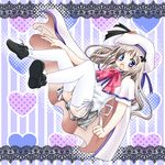  blonde_hair blue_eyes bow cape fang hat little_busters! long_hair mamiko noumi_kudryavka panties pink_bow plaid plaid_skirt school_uniform skirt solo striped striped_panties thighhighs underwear upskirt 
