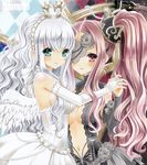  angel angel_wings aqua_eyes ayuayu bad_id bad_pixiv_id breasts bridal_gauntlets crown dress elbow_gloves eyepatch gloves holding looking_at_viewer medium_breasts multiple_girls navel original pink_eyes pink_hair sample silver_hair white_hair wings 