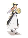  1girl animal_ears blue_archive blue_eyes boczitok braid brown_hair commentary flower habit hair_flower hair_ornament halo holding holding_flower mari_(blue_archive) nun simple_background single_braid smile solo sunflower symbol-only_commentary white_background 