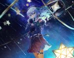  1girl absurdres aqua_hair blue_eyes blue_hair cowboy_shot floating_hair gintama_10102 hands_on_headphones hat headphones headphones_around_neck highres hololive hoshimachi_suisei jacket long_hair long_sleeves night night_sky open_clothes open_jacket orange_pantyhose pantyhose parted_lips shooting_star sidelocks skirt sky solo standing star_(sky) star_(symbol) staring starry_sky virtual_youtuber 