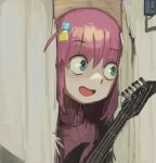  1girl :d blue_eyes bocchi_the_rock! commentary cube_hair_ornament deent_(30390450) door english_commentary gotou_hitori guitar hair_ornament here&#039;s_johnny!_(meme) holding holding_instrument instrument jacket long_hair looking_to_the_side meme parody pink_hair pink_jacket sanpaku scene_reference smile solo the_shining track_jacket upper_body 
