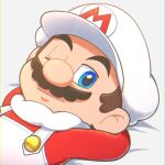  1boy arms_behind_head blue_eyes brown_hair cloud_mario facial_hair hat looking_at_viewer mario mario_(series) mustache one_eye_closed overalls portrait red_shirt shirt simple_background syaon_tshscl white_headwear white_overalls 