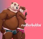  &lt;3 2023 anthro belly big_belly black_nose brown_body bulge clothing duo embrace hi_res hug humanoid_hands male male/male mammal mature_male moobs mustelid nipples one_eye_closed otter overweight overweight_male rudderbutts skrawl underwear wink 