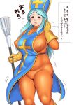  1girl blue_eyes blue_hair breasts character_request commentary_request covered_nipples dragon_quest feet_out_of_frame gloves hat highres holding large_breasts long_hair looking_at_viewer open_mouth orizen plump sidelocks simple_background skindentation solo speech_bubble talking tareme thick_thighs thighs translation_request white_background yellow_gloves 