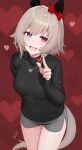  1girl animal_ears bangs black_sweater blush bow breasts hair_bow hayabusa heart highres jewelry large_breasts light_brown_hair long_sleeves looking_at_viewer necklace open_mouth original purple_eyes red_background short_hair smile solo sweater tail thighs 