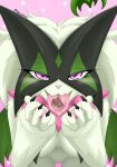  &lt;3 2023 4_fingers absurd_res anthro breasts digital_media_(artwork) eyelashes female female_anthro fingers front_view generation_9_pokemon genitals hi_res looking_at_viewer meowscarada nintendo pink_nose pokemon pokemon_(species) pussy solo tongue tongue_out tuberosekotoki 