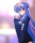  1girl bangs bell black_ribbon blue_hair blue_sweater blurry blurry_background clothes_writing commentary_request double_bun hair_bell hair_bun hair_ornament hair_ribbon jingle_bell long_hair long_sleeves no_pants purple_eyes ranma_1/2 ribbon shampoo_(ranma_1/2) sidelocks solo sweater takahashi_rumiko_(style) uehara_doh 