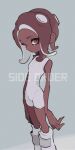  1girl arms_at_sides bare_arms bare_shoulders bodysuit brown_hair copyright_name dark-skinned_female dark_skin dot_mouth imaikuy0 long_hair looking_to_the_side octoling octoling_girl red_eyes sleeveless sleeveless_bodysuit solo splatoon_(series) splatoon_3 splatoon_3:_side_order standing suction_cups tentacle_hair white_bodysuit white_footwear 