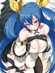  1girl angel_wings asymmetrical_wings bangs bare_shoulders belt blue_hair blush bow breasts bulletparty choker cleavage collarbone commission detached_collar detached_sleeves dizzy_(guilty_gear) fingernails groin guilty_gear guilty_gear_xrd hair_between_eyes hair_ribbon hair_rings highres huge_breasts large_breasts leaning_forward long_hair looking_at_viewer mature_female nail_polish pink_nails red_eyes ribbon ringed_eyes sharp_fingernails sidelocks simple_background skeb_commission skindentation solo tail thick_eyebrows thick_thighs thigh_strap thighhighs thighs twintails wings yellow_ribbon 