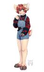  2019 ambiguous_gender anthro biped blue_eyes bottomwear bovid caprine clothing fleurfurr fur hair hi_res horn inner_ear_fluff mammal monotone_ears multicolored_body multicolored_fur overalls pattern_clothing pattern_shirt pattern_topwear pink_nose plaid plaid_clothing plaid_shirt plaid_topwear red_hair red_tail shirt shorts solo tail topwear tuft two_tone_body two_tone_fur two_tone_tail watermark white_body white_fur yellow_body yellow_ears yellow_fur yellow_inner_ear yellow_tail 