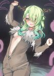  1girl absurdres animal_costume antlers arm_up asymmetrical_bangs bangs braid breasts center_opening ceres_fauna chainsaw_man cowboy_shot flower future_devil_(chainsaw_man) green_hair green_nails hair_flower hair_ornament hair_over_one_eye hand_up highres hololive hololive_english long_hair looking_at_viewer medium_breasts mole mole_under_eye navel one_side_up open_mouth smile solo virtual_youtuber yellow_eyes zonzu 