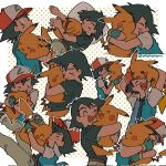  1boy :3 :d ^_^ animal_hug ash_ketchum baseball_cap belt blush closed_eyes commentary falling fingerless_gloves forehead-to-forehead furrowed_brow gloves hat headpat heads_together highres hug jacket looking_at_another looking_back male_focus multiple_views pants pikachu pillow pokemon pokemon_(creature) polka_dot polka_dot_background shirt simple_background sleeping smile t-shirt twitter_username umebosibakari2 white_background wing_collar 