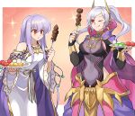  2girls absurdres betabetamaru breasts cheese chocolate dress fake_horns fire_emblem fire_emblem:_genealogy_of_the_holy_war fire_emblem_heroes food fruit grey_hair grima_(fire_emblem) highres holding holding_skewer horned_headwear horns julia_(fire_emblem) licking_lips long_hair marshmallow multiple_girls official_alternate_costume plate purple_hair red_eyes robin_(female)_(fell_tactician)_(fire_emblem) robin_(female)_(fire_emblem) robin_(fire_emblem) skewer smile strawberry tongue tongue_out twintails 