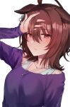  1girl agnes_tachyon_(umamusume) animal_ears blush brown_hair earrings ears_down hair_between_eyes hand_on_own_head horse_ears horse_girl jewelry long_sleeves looking_at_viewer nazuka_(mikkamisaki) necklace official_alternate_costume purple_shirt red_eyes shirt short_hair simple_background single_earring solo umamusume white_background 