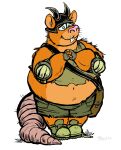  2020 anthro armor belly big_belly bottomwear clothing headgear helmet hi_res jwbalsley male mammal murid murine overweight overweight_male pink_nose rat rodent shirt shorts solo topwear 