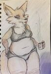  anthro beverage bra breasts canid canine clothed clothing coffee eyes_closed female fox fur homo_the_domo mammal neck_tuft panties scratching scratching_butt simple_background slightly_chubby solo standing tail tan_body tan_fur tongue tongue_out traditional_media_(artwork) trisha_fox_(zzx) tuft underwear 
