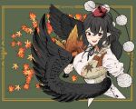  1girl bangs bird_wings black_hair black_ribbon black_wings blush breasts buttons collared_shirt feathered_wings hair_between_eyes hand_fan hat hauchiwa holding holding_fan konoshita_kiyomasa large_breasts leaf maple_leaf open_mouth pointy_ears pom_pom_(clothes) red_eyes red_headwear ribbon shameimaru_aya shirt short_hair short_sleeves smile solo tokin_hat touhou upper_body white_shirt wings 